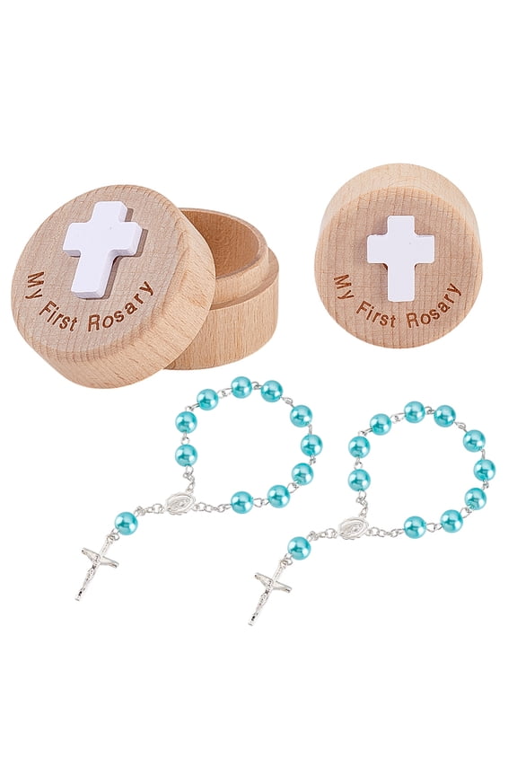 Alloy Charm Bracelets Imitation Pearl Rosary Beaded Style Bracelets with My First Rosary Wooden Keepsake Cases with Lids Cyan DIY