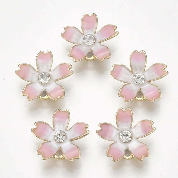 Alloy Charms with Enamel and Rhinestone Sakura Crystal Light golden Pink 14x15x3mm Hole: 1.2mm