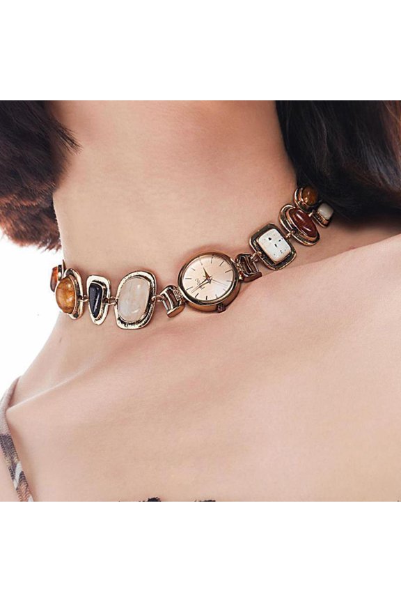 Alloy Clock Pendant Necklace Colorful Gemstones Necklace Evening Dress Necklace Suitable for Trendy Women in Any Setting