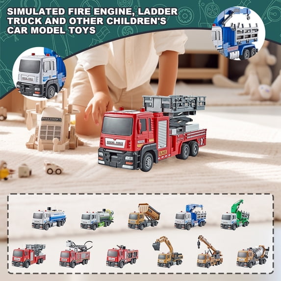 Alloy Construction Vehicle Toy, Realistic Fire Truck & Engineering Car with Movable Parts for Boys&Girls, Durable Metal Model for Boys Girls Age 3+, Christmas Gifts for Boys&Girls