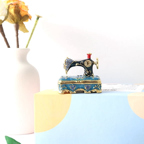 Alloy Crystal Rhinestone Metal Hinged Trinket boxes Tool Figurine Collectibles Enamel Cases Home Decor Steel Blue Sewing Machine 5x5x3.5cm