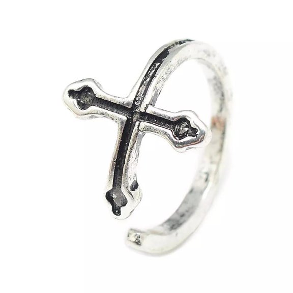 Alloy Cuff Finger Ring Cross Antique Silver Size 4 Adjustable 15Mm P422