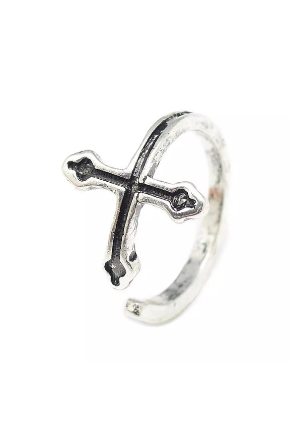 Alloy Cuff Finger Ring Cross Antique Silver Size 4 Adjustable 15Mm P422