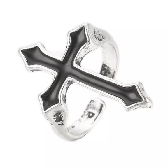 Cuff Finger Ring Enamel Cross Antique Silver Adjustable Statement Polished Comfort Fit P401