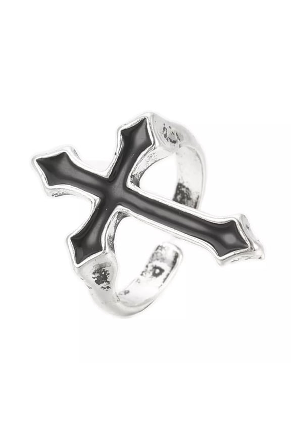 Cuff Finger Ring Enamel Cross Antique Silver Adjustable Statement Polished Comfort Fit P401