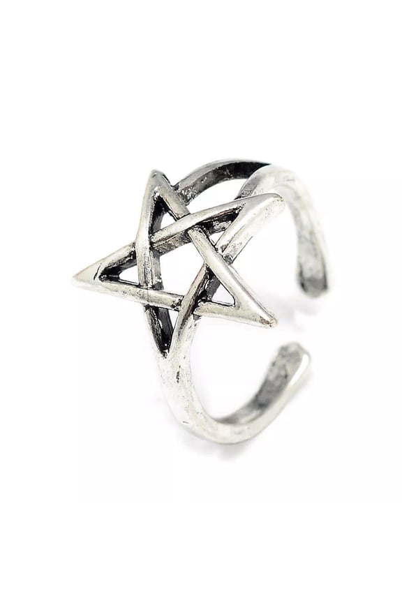 Alloy Cuff Finger Ring Pentagram Antique Silver Size 4 Adjustable 15Mm P430