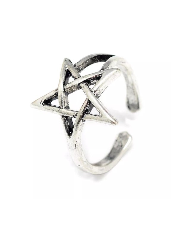 Alloy Cuff Finger Ring Pentagram Antique Silver Size 4 Adjustable 15Mm P430