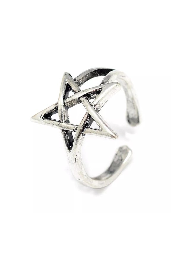 Alloy Cuff Finger Ring Pentagram Antique Silver Size 4 Adjustable 15Mm P430