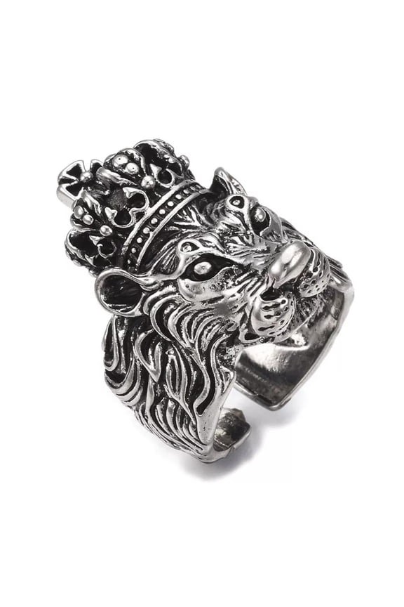 Cuff Finger Cross Textured Ring Wide Ring Lion Antique Silver Adjustable Statement P445