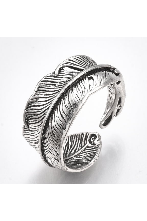 Alloy Cuff Finger Rings Wide Band Rings Feather Antique Silver Size 9 19mm