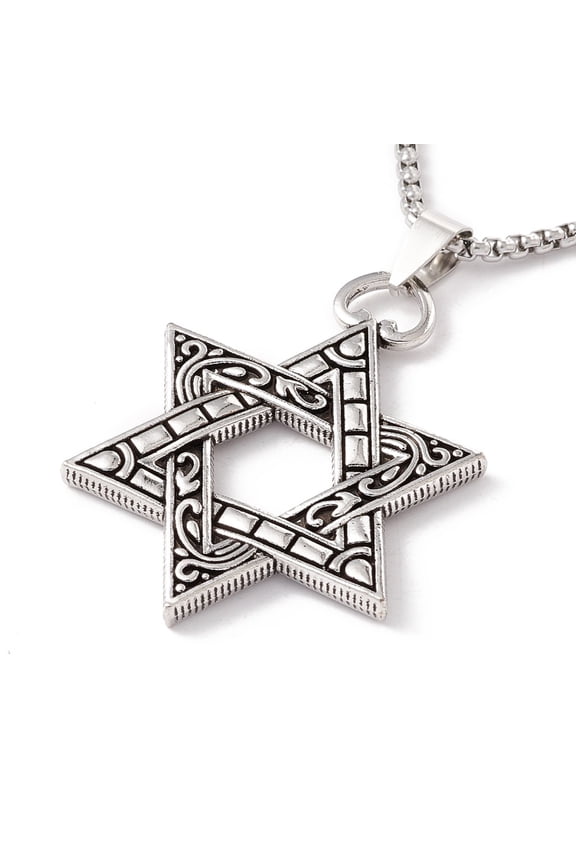 Alloy David Star Pendant Necklace with 201 Stainless Steel box Chains Gothic Jewelry for Men Women Silver Stainless Steel color 23.62 inch(60cm)