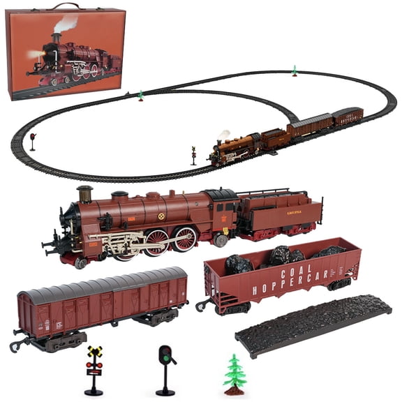 Alloy Electric Train Set Model with Steam Locomotive, Passenger Carriage and Long Luxury Track, Realistic Light Sounds Effects, Rich Accessories, Birthday Gift (Model 22918/Red)