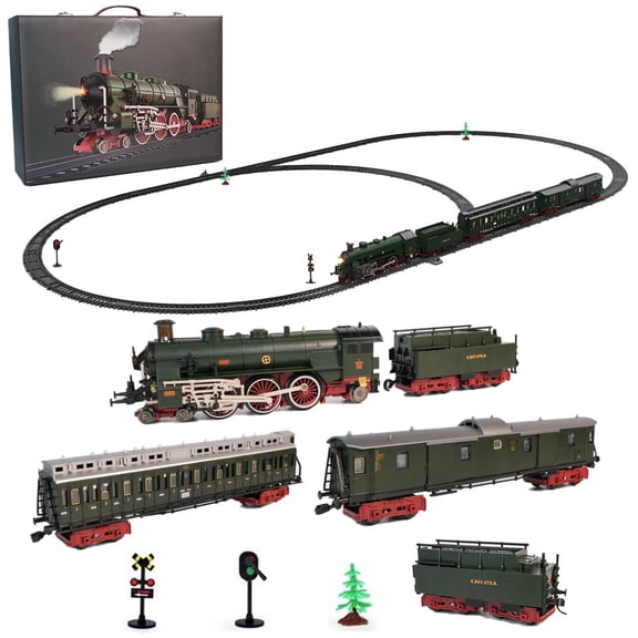 Alloy Electric Train Set, Steam Locomotive with Lights & Sounds, Large Circular Track, Coal & Cargo Cars, Holiday Train Gift for Hobbyists