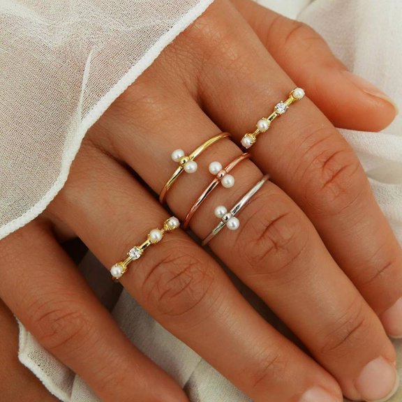 Alloy Electroplated Pearl Ring Set with Artificial Gems and Semi-Precious Stones Inlay
