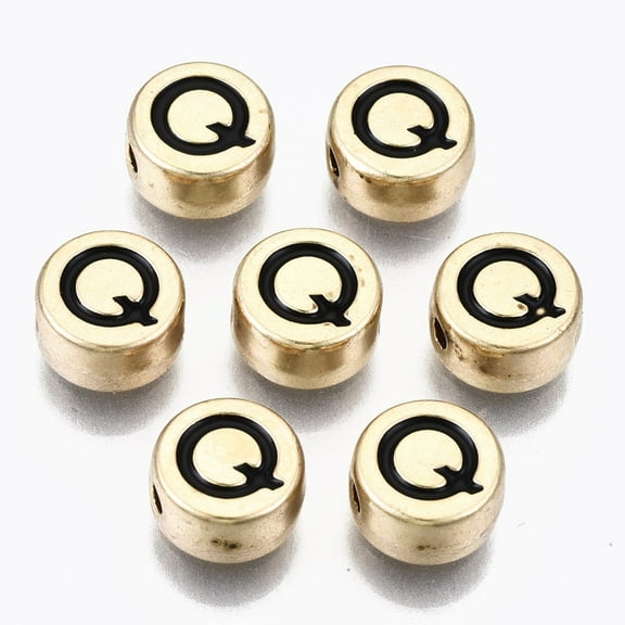Alloy Enamel Beads Cadmium Free & Lead Free Flat Round with Initial Letters Light Gold Black Letter.Q 8x4mm Hole: 1.5mm