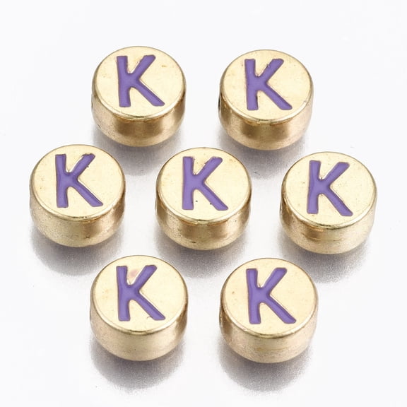 Alloy Enamel Beads Cadmium Free & Lead Free Flat Round with Initial Letters Light Gold Medium Purple Letter.K 8x4mm Hole: 1.5mm