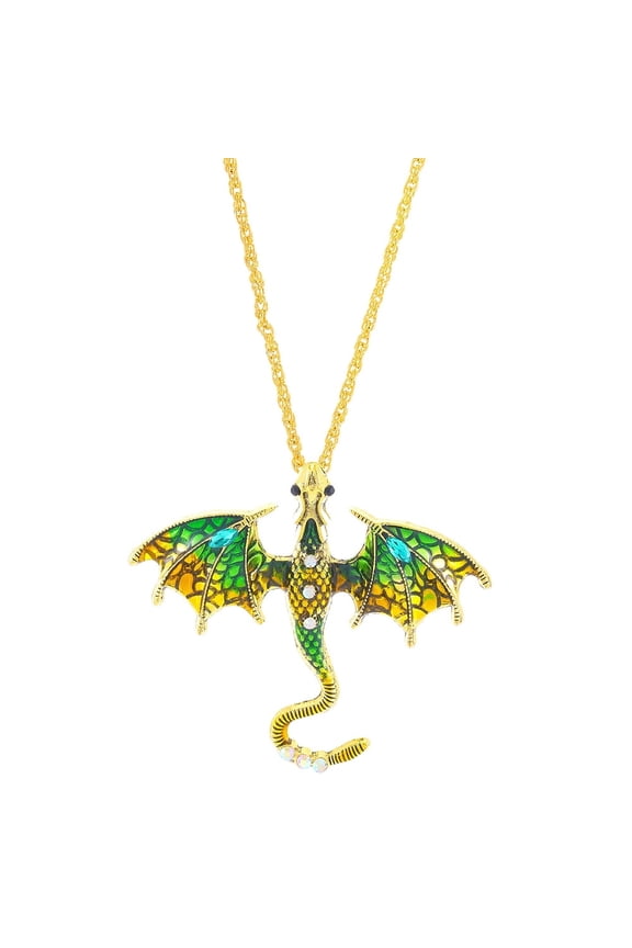 Alloy Enamel Dragon Pendant Necklaces with Rhinestone Iron Chain Golden Green 24.41 inch(62cm)