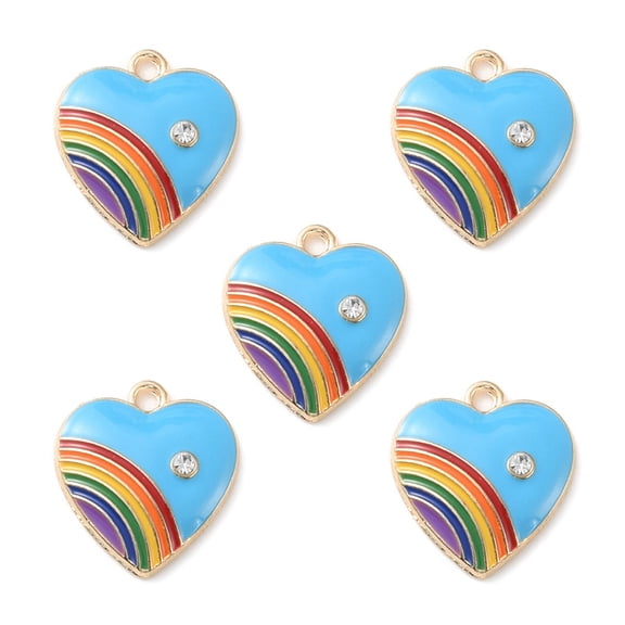 Alloy Enamel Pendant with Rhinestone Heart with Rainbow Charm Deep Sky Blue 20x18x3.5mm Hole: 2mm