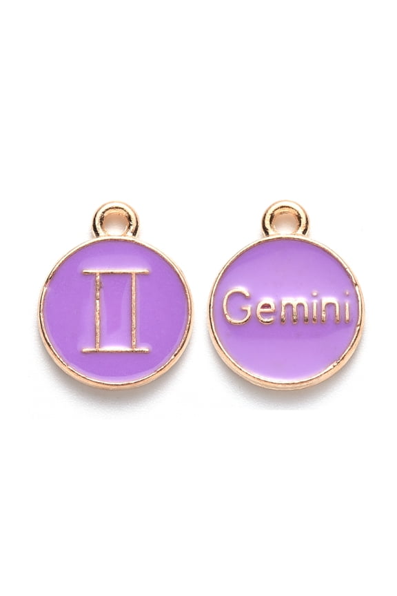 Alloy Enamel Pendants Cadmium Free & Lead Free Flat Round with Constellation Light Gold Medium Purple Gemini 15x12x2mm Hole: 1.5mm