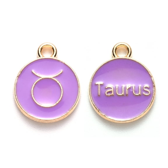 Alloy Enamel Pendants Cadmium Free & Lead Free Flat Round with Constellation Light Gold Medium Purple Taurus 22x18x2mm Hole: 1.5mm