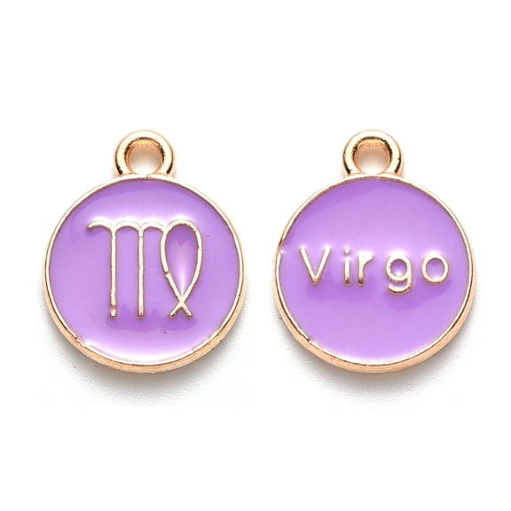 Alloy Enamel Pendants Cadmium Free & Lead Free Flat Round with Constellation Light Gold Medium Purple Virgo 15x12x2mm Hole: 1.5mm