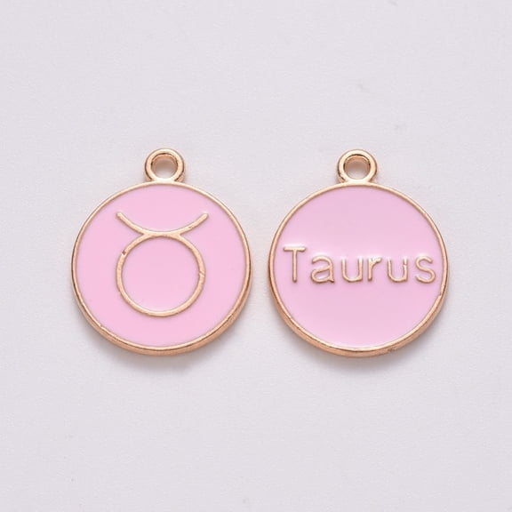 Alloy Enamel Pendants Cadmium Free Lead Free Flat Round with Constellation Light Gold Pink Taurus 15x12x2mm Hole: 1.5mm