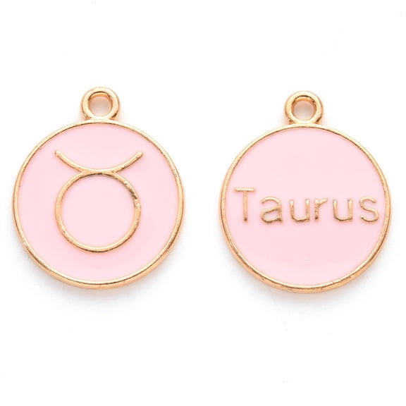 Alloy Enamel Pendants Cadmium Free Lead Free Flat Round with Constellation Light Gold Pink Taurus 22x18x2mm Hole: 1.5mm