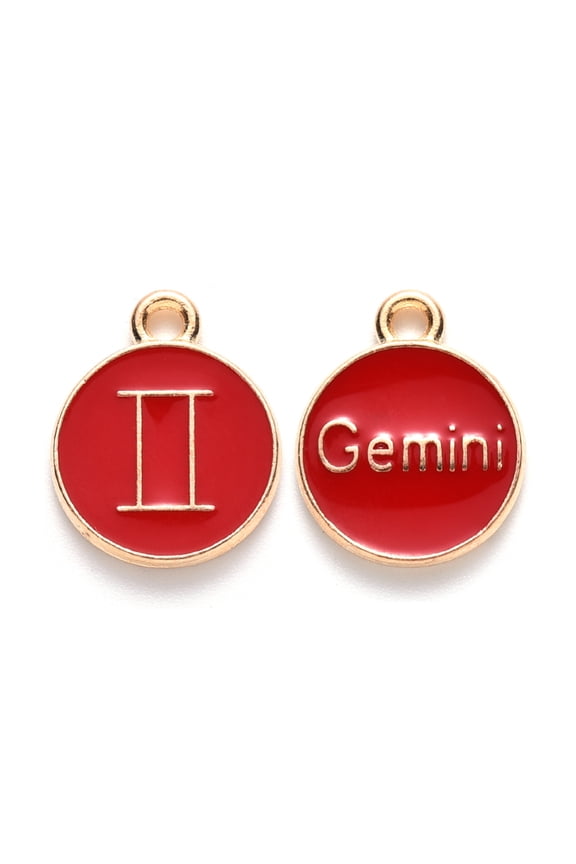 Alloy Enamel Pendants Cadmium Free & Lead Free Flat Round with Constellation Light Gold Red Gemini 15x12x2mm Hole: 1.5mm