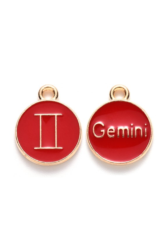 Alloy Enamel Pendants Cadmium Free & Lead Free Flat Round with Constellation Light Gold Red Gemini 22x18x2mm Hole: 1.5mm