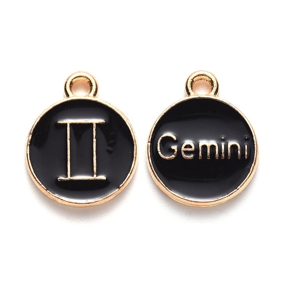 Alloy Enamel Pendants Cadmium Free & Lead Free Flat Round with Constellation Light golden Black Gemini 22x18x2mm Hole: 1.5mm