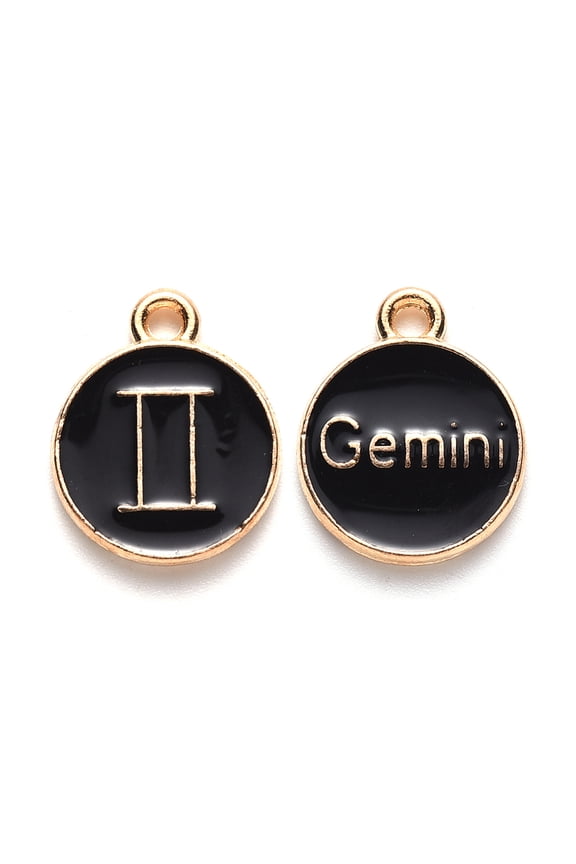 Alloy Enamel Pendants Cadmium Free & Lead Free Flat Round with Constellation Light golden Black Gemini 22x18x2mm Hole: 1.5mm