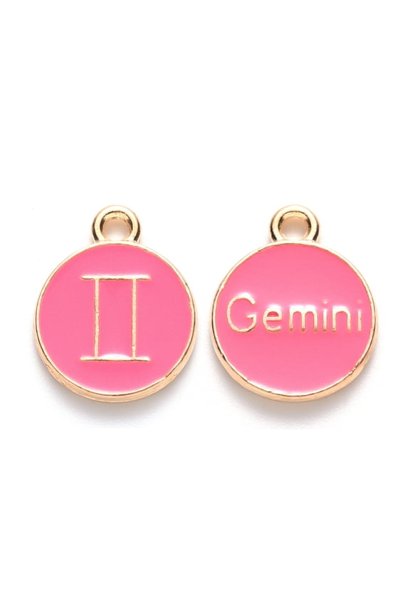 Alloy Enamel Pendants Cadmium Free & Lead Free Flat Round with Constellation Light golden Cerise Gemini 15x12x2mm Hole: 1.5mm