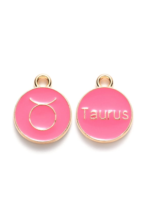 Alloy Enamel Pendants Cadmium Free & Lead Free Flat Round with Constellation Light golden Cerise Taurus 22x18x2mm Hole: 1.5mm