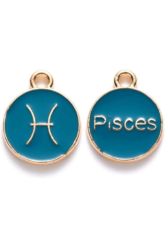 Alloy Enamel Pendants Cadmium Free & Lead Free Flat Round with Constellation Light golden Dark Cyan Pisces 15x12x2mm Hole: 1.5mm