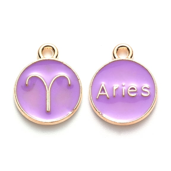 Alloy Enamel Pendants Cadmium Free & Lead Free Flat Round with Constellation Light golden Medium Purple Aries 15x12x2mm Hole: 1.5mm