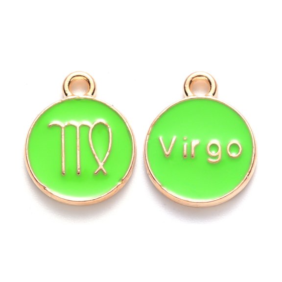 Alloy Enamel Pendants Cadmium Free & Lead Free Flat Round with Constellation Light golden Pale Green Virgo 15x12x2mm Hole: 1.5mm