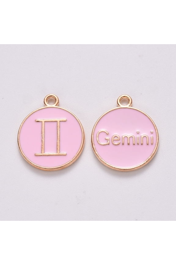 Alloy Enamel Pendants Cadmium Free & Lead Free Flat Round with Constellation Light golden Pink Gemini 15x12x2mm Hole: 1.5mm
