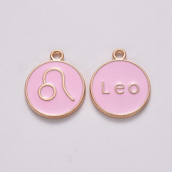 Alloy Enamel Pendants Cadmium Free & Lead Free Flat Round with Constellation Light golden Pink Leo 15x12x2mm Hole: 1.5mm