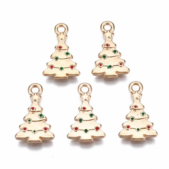 Alloy Enamel Pendants Cadmium Free & Lead Free Light Gold Christmas Tree FireBrick 19x11x2mm Hole: 2mm