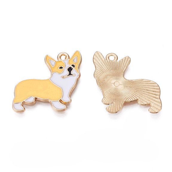 Alloy Enamel Pendants Cadmium Free & Lead Free Light Gold Welsh Corgi Lemon Chiffon 23x24.5x1mm Hole: 1.6mm DIY