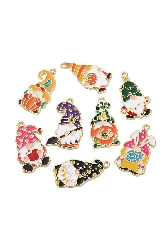 Alloy Enamel Pendants Cadmium Free & Nickel Free & Lead Free Golden Gnome Charm Mixed Color 30~30.5x15.5~19x1.5mm Hole: 1.6mm DIY