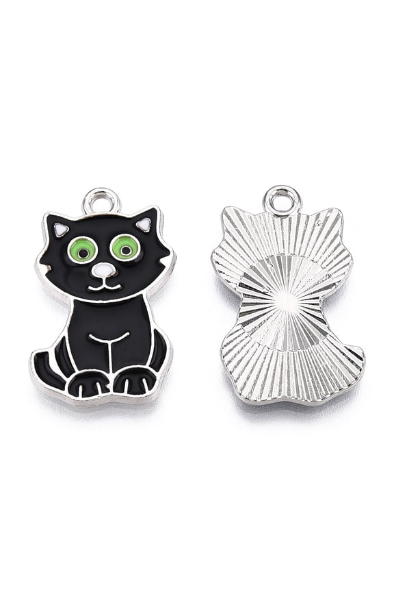 Alloy Enamel Pendants Cat Charm Platinum Black 25x15x2mm Hole: 2mm