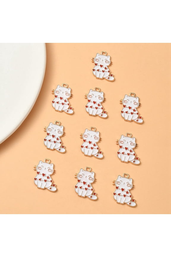 Alloy Enamel Pendants Cat Charms Light Gold White 20x19x1mm Hole: 1.5x2.5mm
