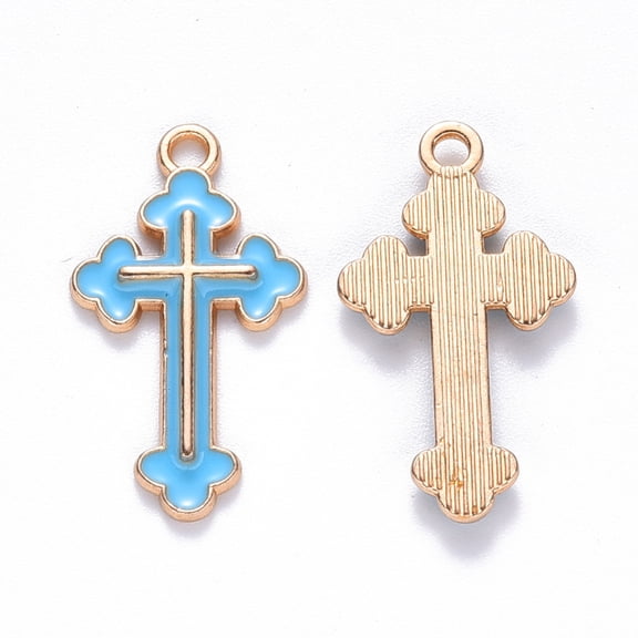 Alloy Enamel Pendants Cross Light Gold Deep Sky Blue 25x14x2mm Hole: 1.8mm