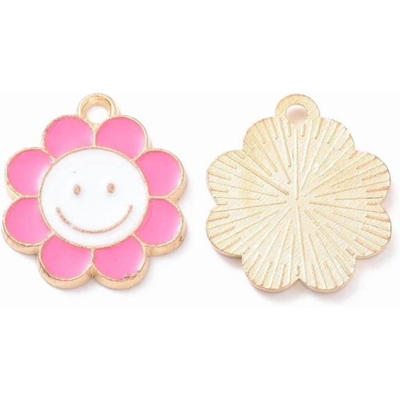 Alloy Enamel Pendants Flower with Smiling Face Charm Light Gold Pearl Pink 18.5x16x1.5mm Hole: 1.8mm