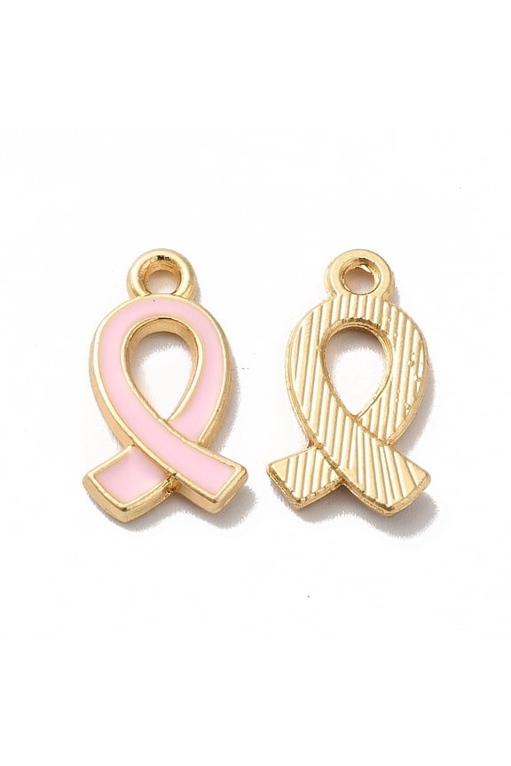 Alloy Enamel Pendants Golden Awareness Ribbon Charm Misty Rose 17x10x2mm Hole: 1.6mm