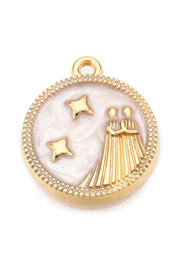 Alloy Enamel Pendants Golden Flat Round Charm Gemini 18x15.5x2mm Hole: 1.4mm