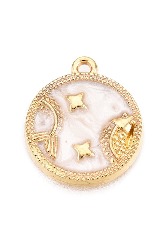 Alloy Enamel Pendants Golden Flat Round Charm Pisces 18x15.5x2mm Hole: 1.4mm