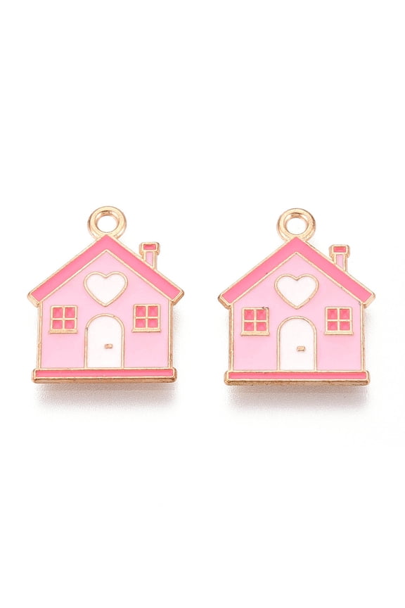Alloy Enamel Pendants House Charm Light golden Pink 19.6x15.6x1.2mm Hole: 1.8mm