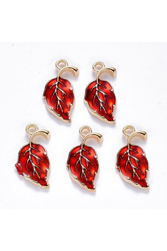 Alloy Enamel Pendants Leaf Light Gold Red 20x10x2mm Hole: 1.6mm